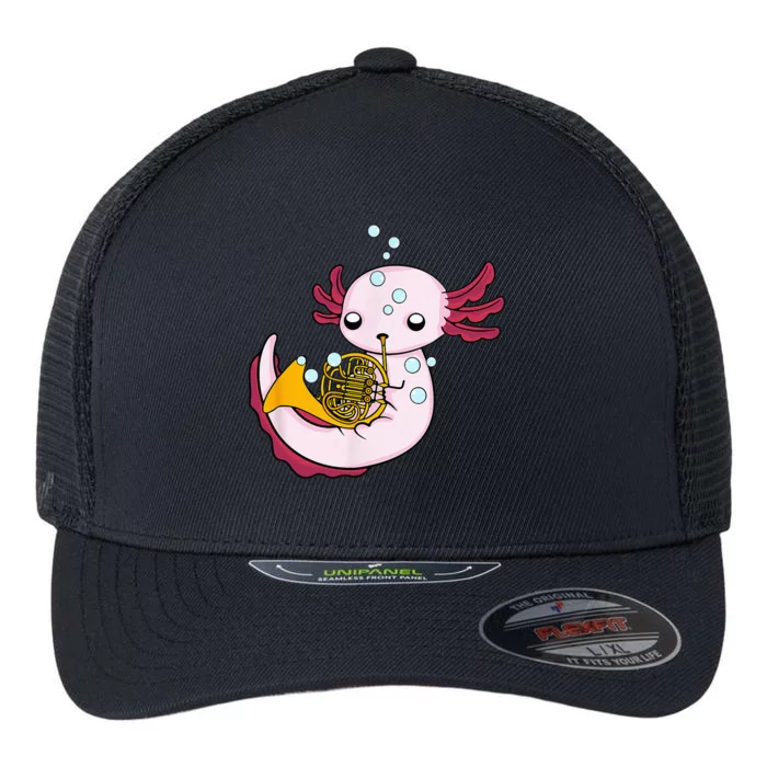 French Horn Player Kids Axolotl Big Band French Horn Flexfit Unipanel Trucker Cap