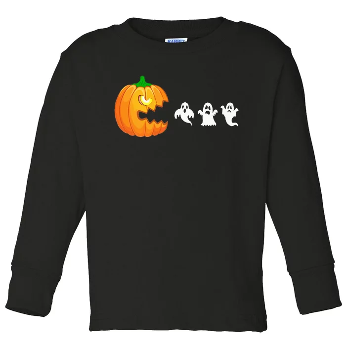 Funny Halloween Pumpkin Eating Ghost Gamer Toddler Long Sleeve Shirt