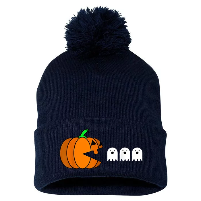 Funny Halloween Pumpkin Eating Ghost Gamer Pom Pom 12in Knit Beanie