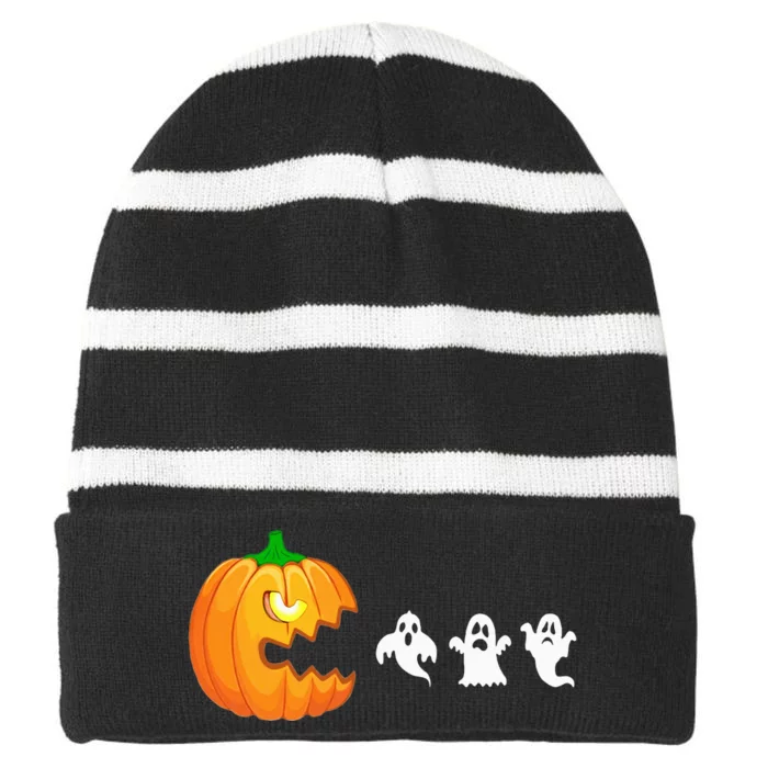 Funny Halloween Pumpkin Eating Ghost Gamer Striped Beanie with Solid Band