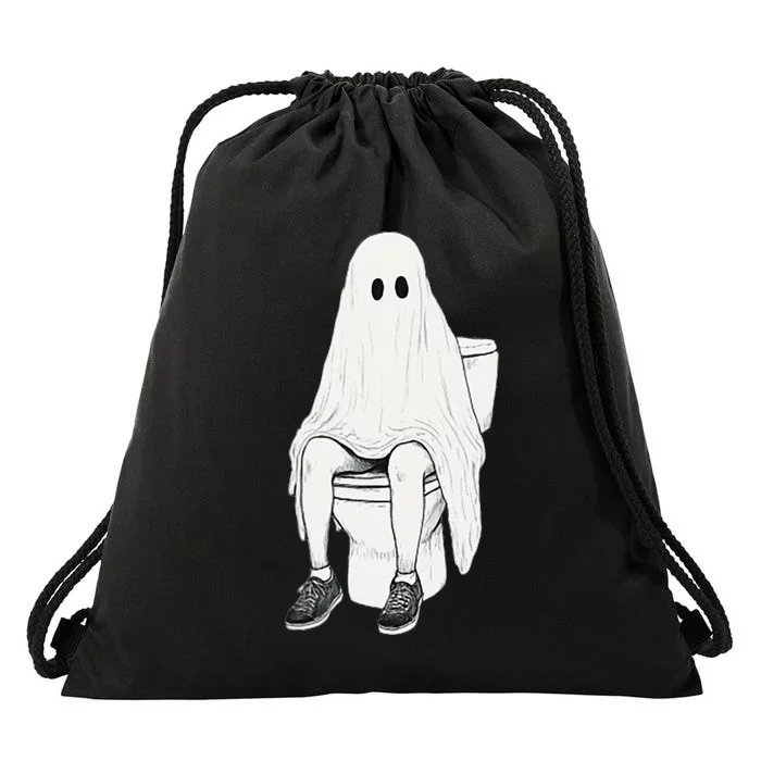 Funny Halloween Pooping Bathroom Ghost On Toilet Drawstring Bag