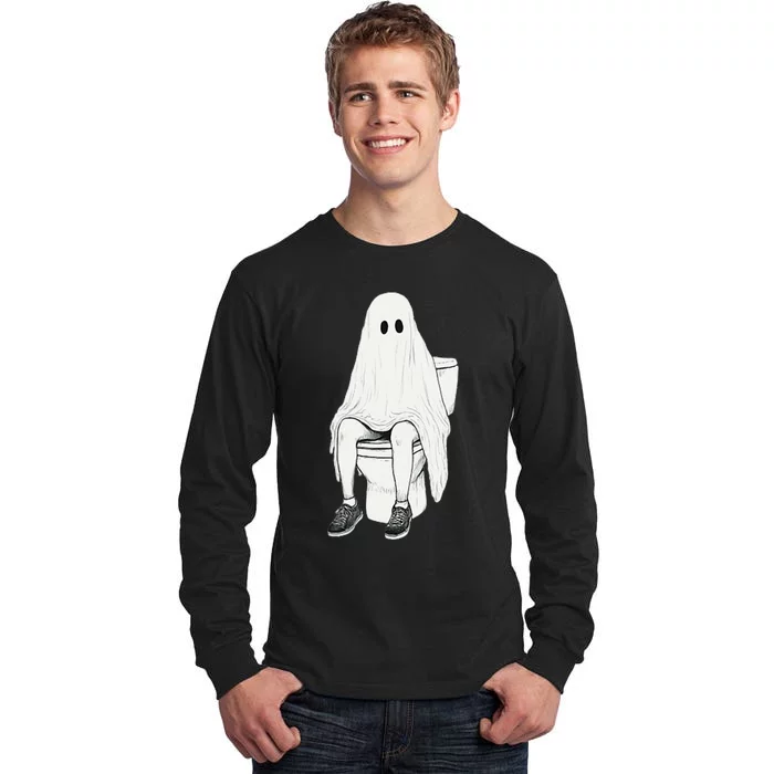 Funny Halloween Pooping Bathroom Ghost On Toilet Tall Long Sleeve T-Shirt