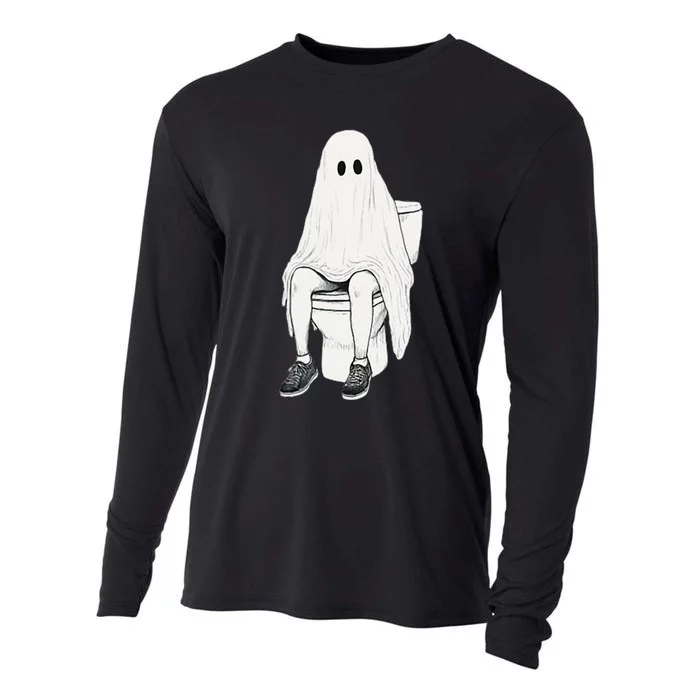 Funny Halloween Pooping Bathroom Ghost On Toilet Cooling Performance Long Sleeve Crew