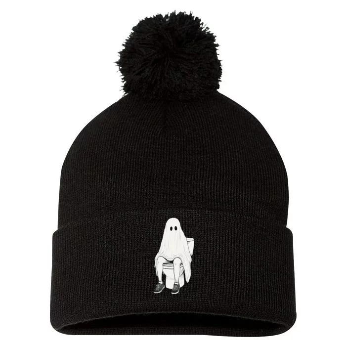 Funny Halloween Pooping Bathroom Ghost On Toilet Pom Pom 12in Knit Beanie