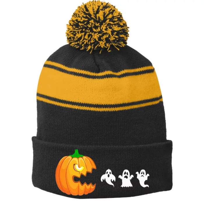 Funny Halloween Pumpkin Eating Ghost Gamer Stripe Pom Pom Beanie