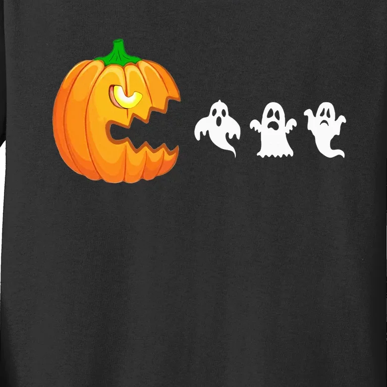 Funny Halloween Pumpkin Eating Ghost Gamer Kids Long Sleeve Shirt