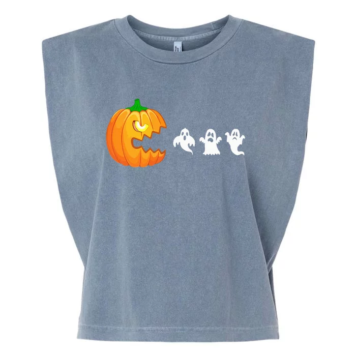 Funny Halloween Pumpkin Eating Ghost Gamer Garment-Dyed Women's Muscle Tee