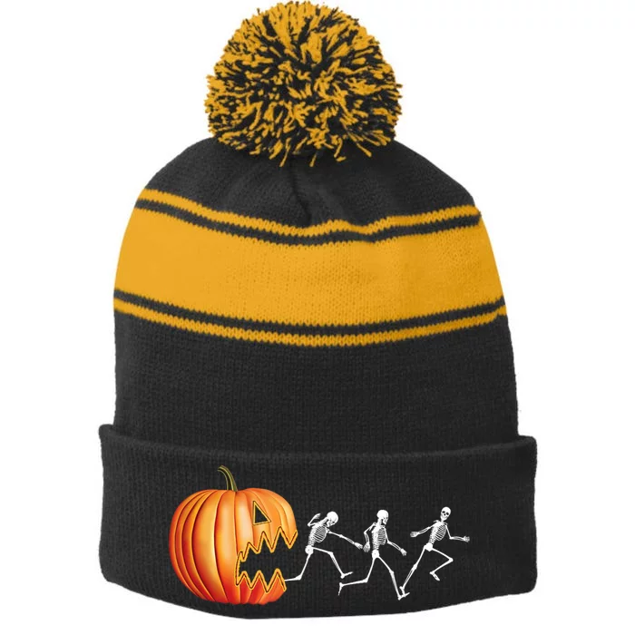 Funny Halloween Pumpkin Skeletons Jack O Lantern Stripe Pom Pom Beanie