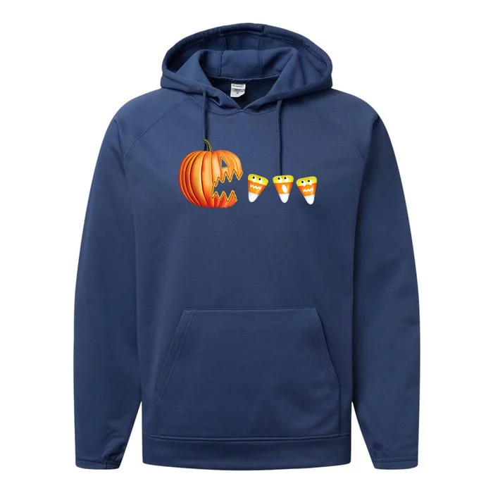 Funny Halloween Pumpkin Jack O Lantern Eating Candy Corn Performance Fleece Hoodie