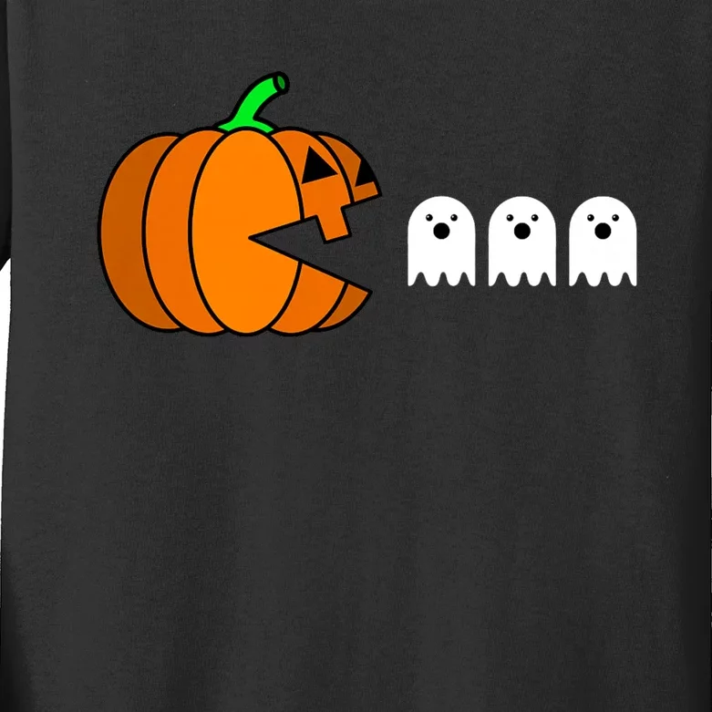 Funny Halloween Pumpkin Eating Ghost Gamer Kids Long Sleeve Shirt