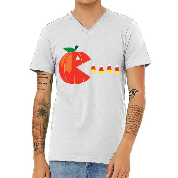 Funny Halloween Pumpkin Eating Candy Corn V-Neck T-Shirt