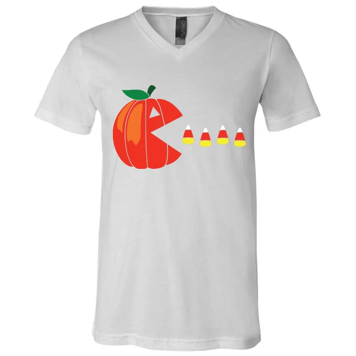 Funny Halloween Pumpkin Eating Candy Corn V-Neck T-Shirt