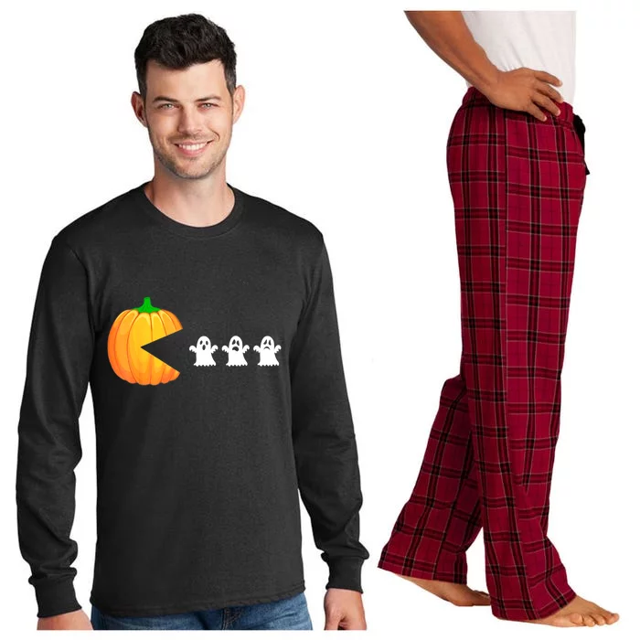 Funny Halloween Pumpkin Eating Ghost Gamer Long Sleeve Pajama Set