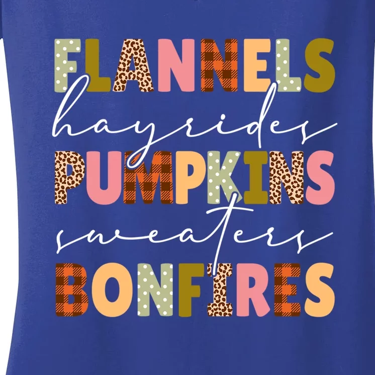 Flannels Hayrides Pumpkins Sweaters Bonfires Plaid Leopard Gift Women's V-Neck T-Shirt