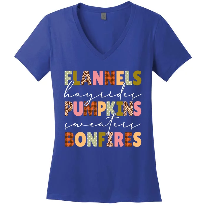 Flannels Hayrides Pumpkins Sweaters Bonfires Plaid Leopard Gift Women's V-Neck T-Shirt