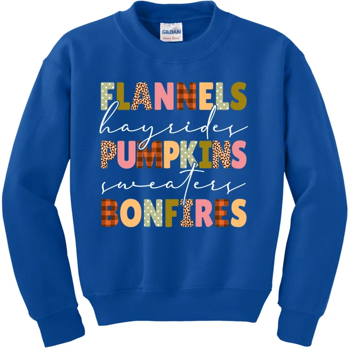 Flannels Hayrides Pumpkins Sweaters Bonfires Plaid Leopard Gift Kids Sweatshirt