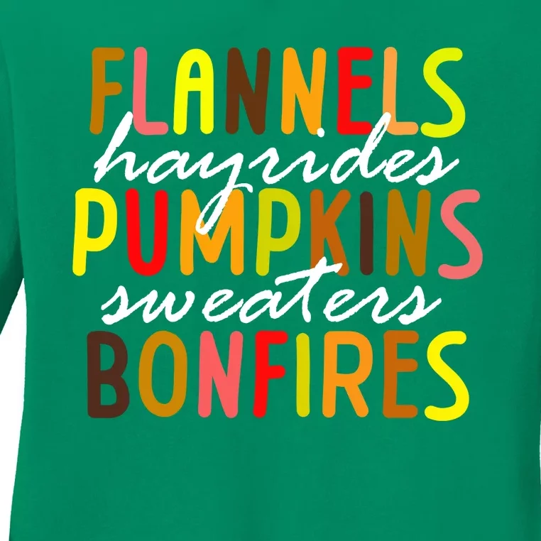 Flannels Hayrides Pumpkins Sweaters Bonfires Ladies Long Sleeve Shirt