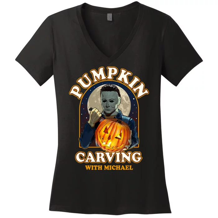 Funny Halloween Pumpkin Carving With Michael Women's V-Neck T-Shirt