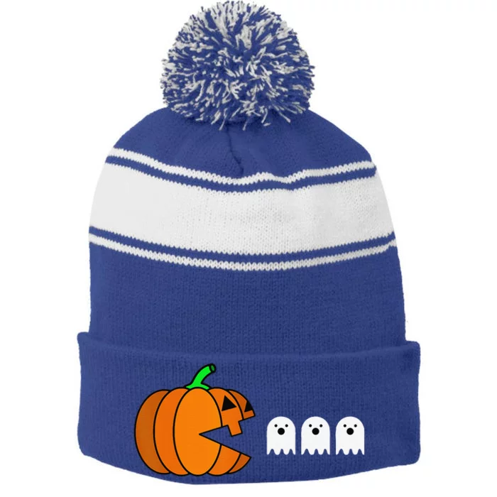 Funny Halloween Pumpkin Eating Ghost Gamer Stripe Pom Pom Beanie