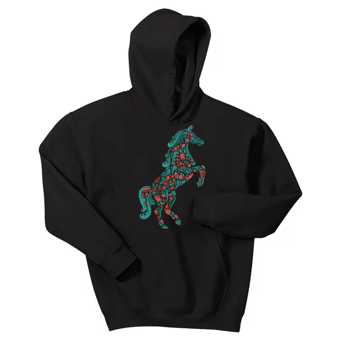 Floral Horse Riding Horse Lover Gifts Kids Hoodie