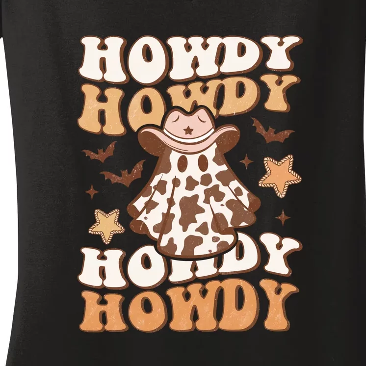 Funny Halloween Retro Howdy Ghost Western Costume Gift Women's V-Neck T-Shirt