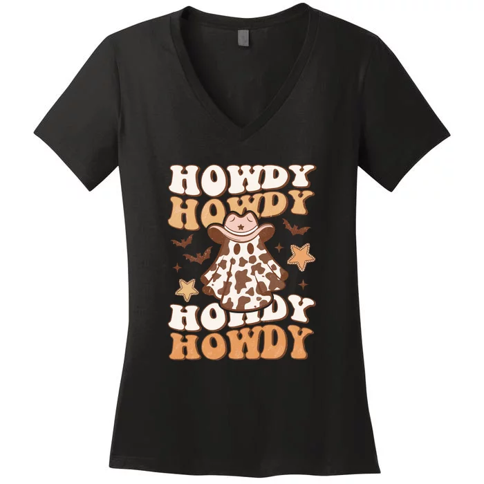 Funny Halloween Retro Howdy Ghost Western Costume Gift Women's V-Neck T-Shirt