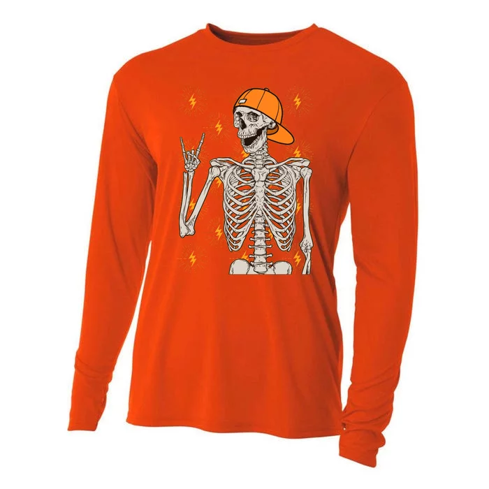 Funny Halloween Rock On Skeleton Cooling Performance Long Sleeve Crew