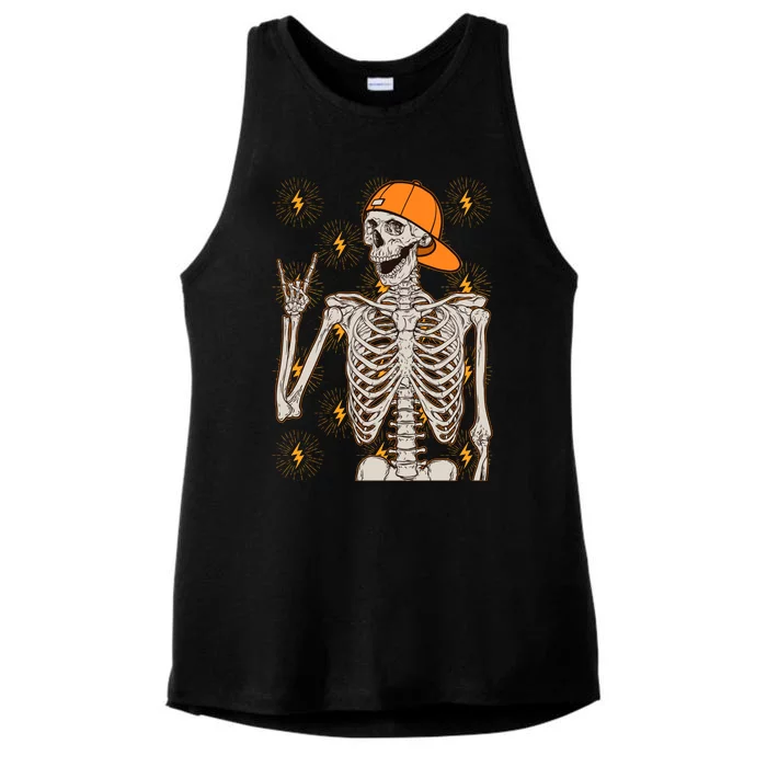 Funny Halloween Rock On Skeleton Ladies Tri-Blend Wicking Tank