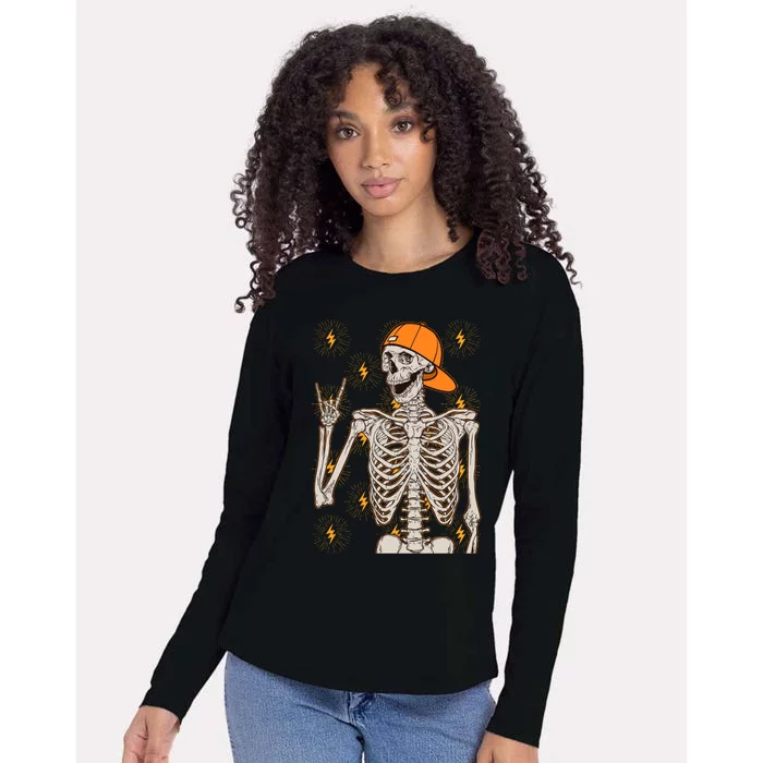 Funny Halloween Rock On Skeleton Womens Cotton Relaxed Long Sleeve T-Shirt