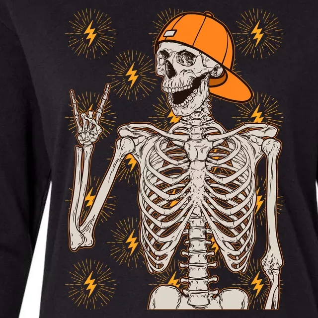 Funny Halloween Rock On Skeleton Womens Cotton Relaxed Long Sleeve T-Shirt