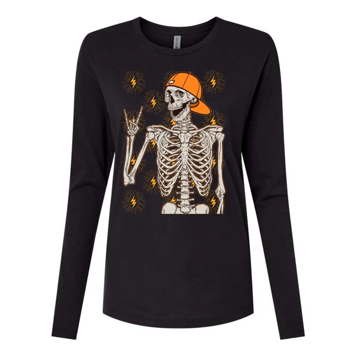 Funny Halloween Rock On Skeleton Womens Cotton Relaxed Long Sleeve T-Shirt