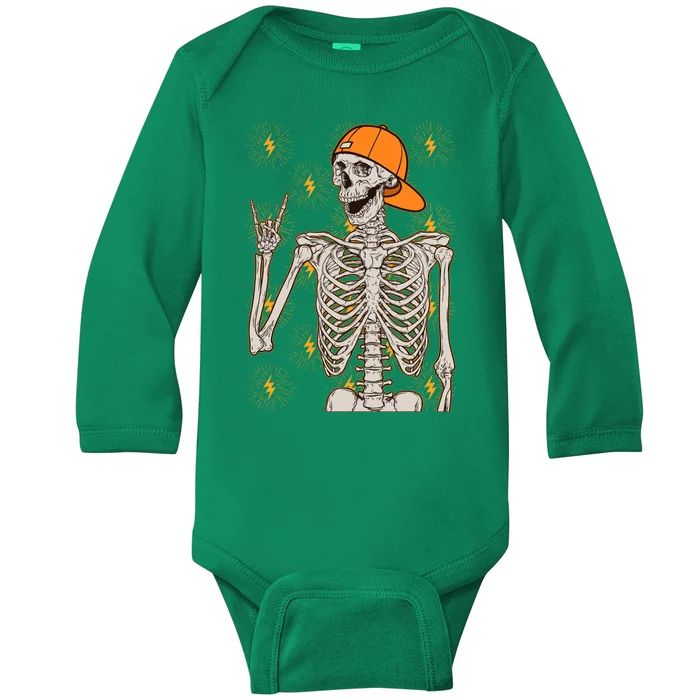 Funny Halloween Rock On Skeleton Baby Long Sleeve Bodysuit