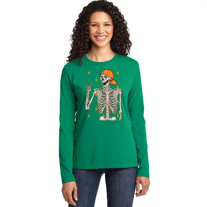 Funny Halloween Rock On Skeleton Ladies Long Sleeve Shirt