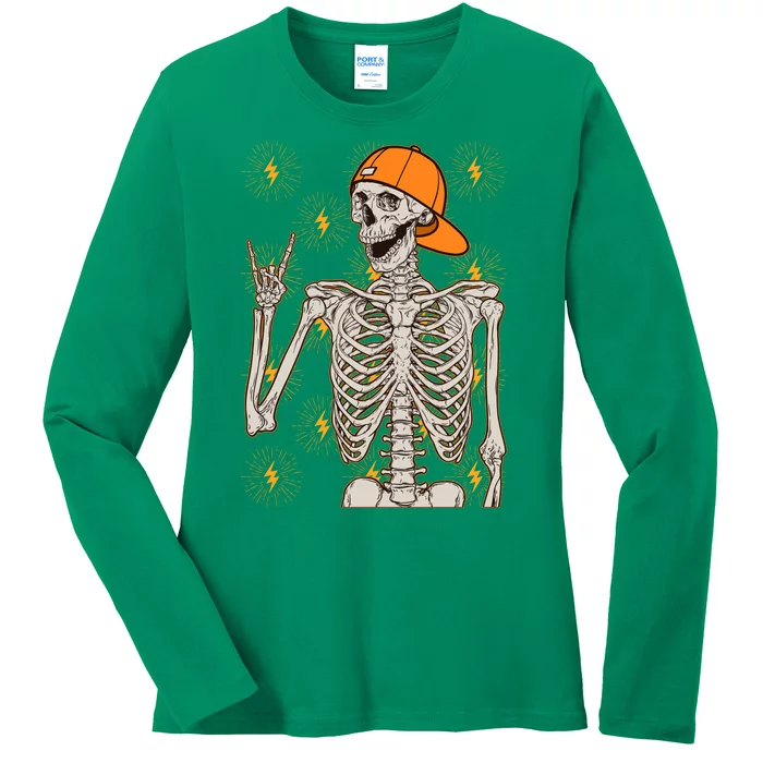 Funny Halloween Rock On Skeleton Ladies Long Sleeve Shirt