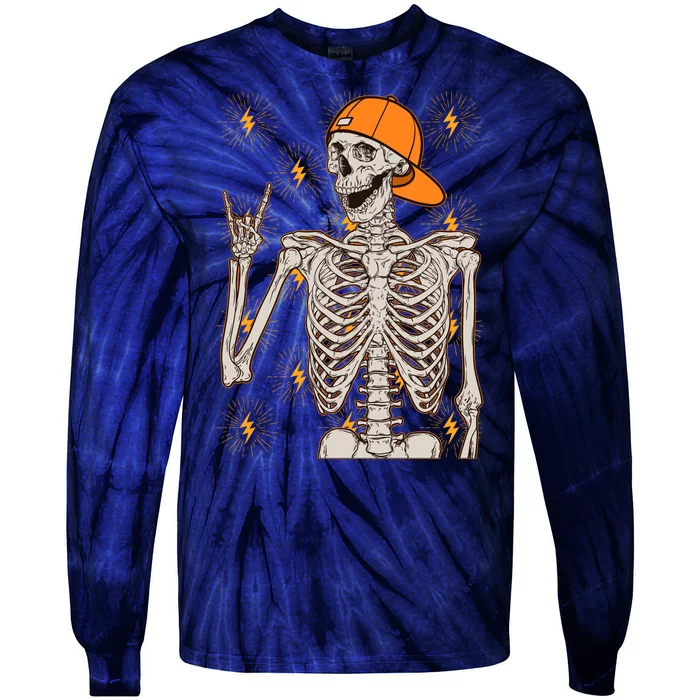 Funny Halloween Rock On Skeleton Tie-Dye Long Sleeve Shirt