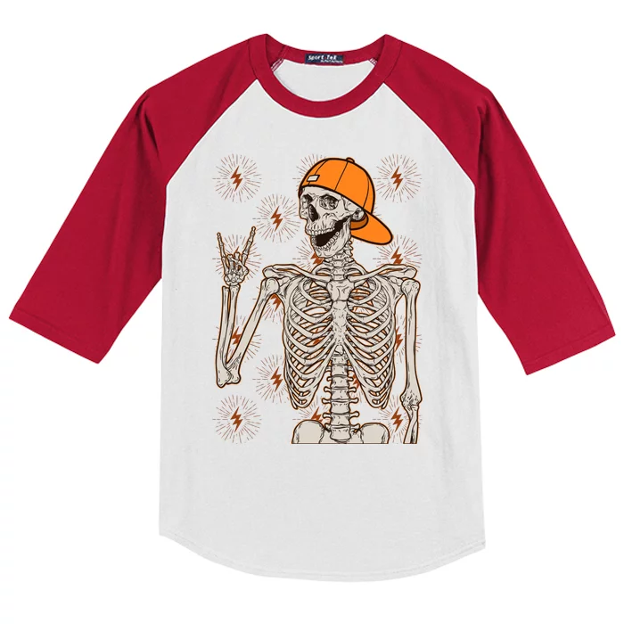 Funny Halloween Rock On Skeleton Kids Colorblock Raglan Jersey