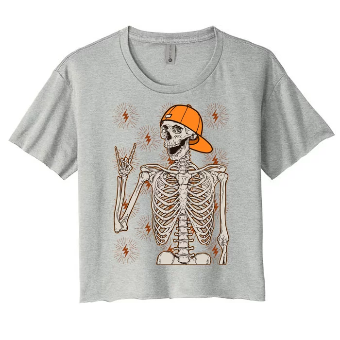 Funny Halloween Rock On Skeleton Women's Crop Top Tee