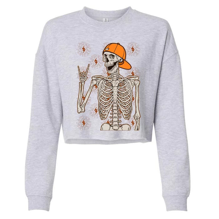 Funny Halloween Rock On Skeleton Cropped Pullover Crew