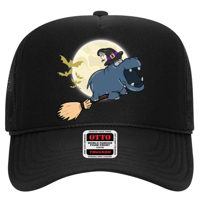 Funny Hippo Ride Witch Shotgun Hippopotamus Halloween High Crown Mesh Trucker Hat