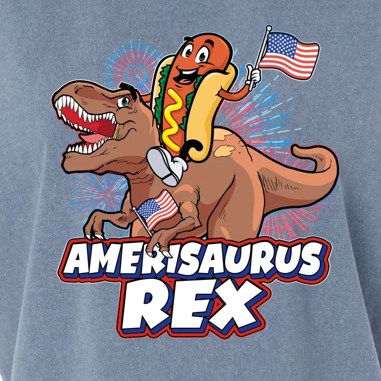 Funny Hotdog Riding Amerisaurus Rex Dinosaur Garment-Dyed Women's Muscle Tee