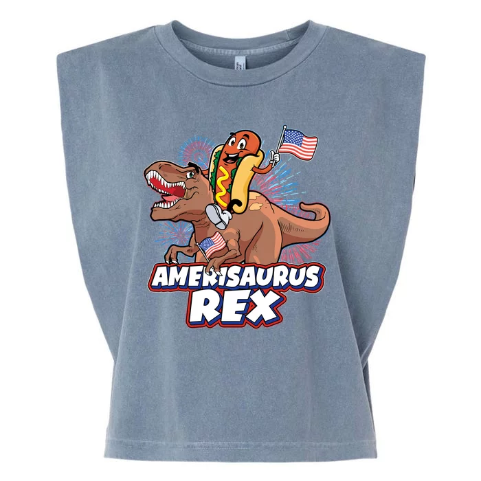 Funny Hotdog Riding Amerisaurus Rex Dinosaur Garment-Dyed Women's Muscle Tee