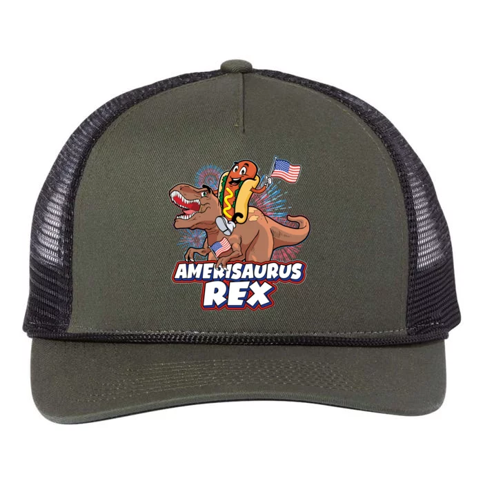 Funny Hotdog Riding Amerisaurus Rex Dinosaur Retro Rope Trucker Hat Cap