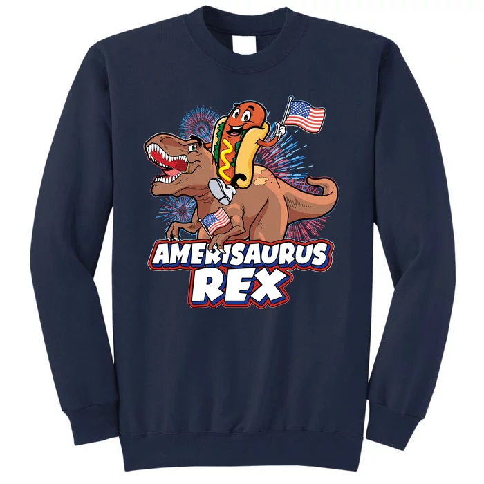 Funny Hotdog Riding Amerisaurus Rex Dinosaur Tall Sweatshirt