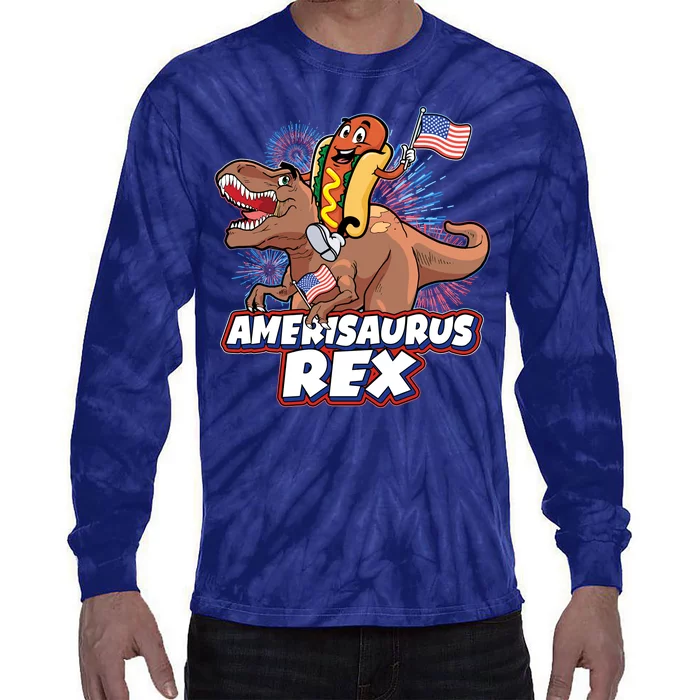 Funny Hotdog Riding Amerisaurus Rex Dinosaur Tie-Dye Long Sleeve Shirt