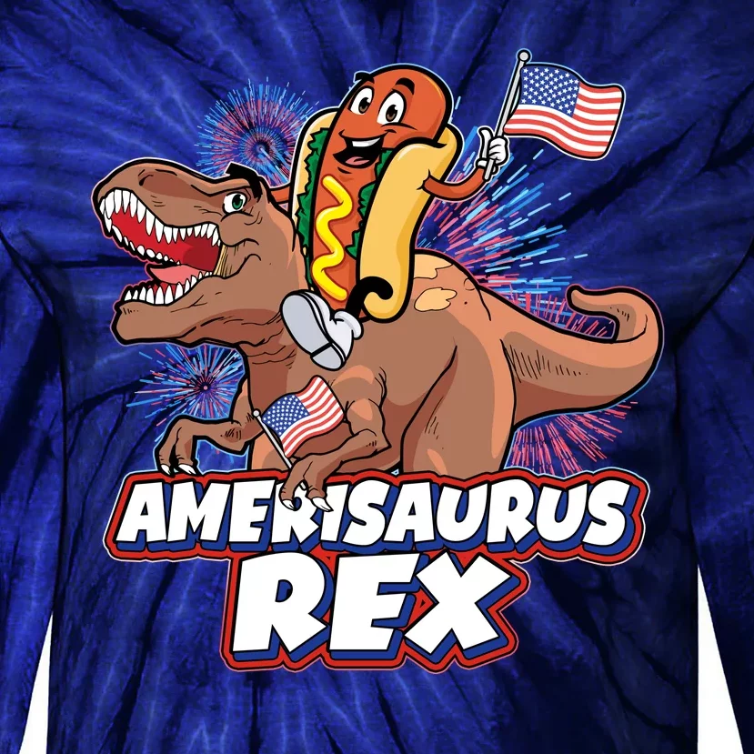 Funny Hotdog Riding Amerisaurus Rex Dinosaur Tie-Dye Long Sleeve Shirt