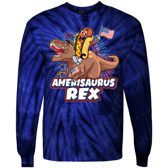 Funny Hotdog Riding Amerisaurus Rex Dinosaur Tie-Dye Long Sleeve Shirt