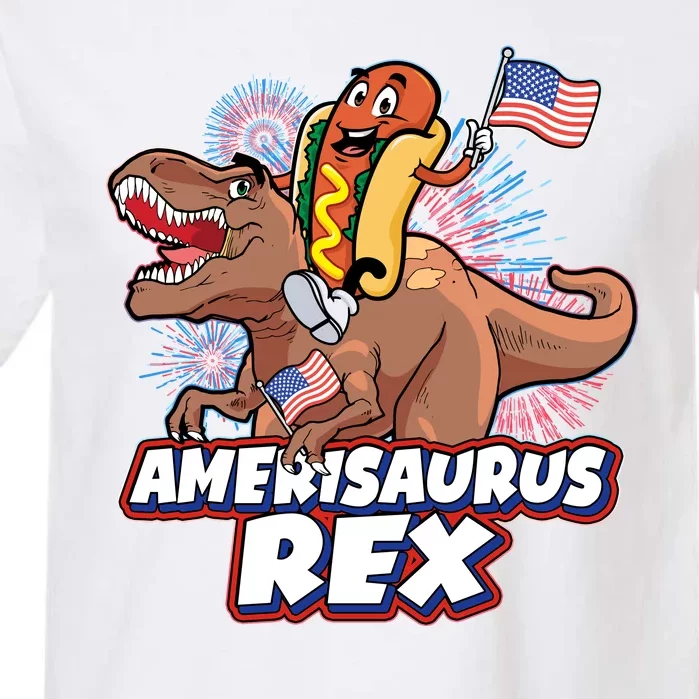 Funny Hotdog Riding Amerisaurus Rex Dinosaur Garment-Dyed Heavyweight T-Shirt