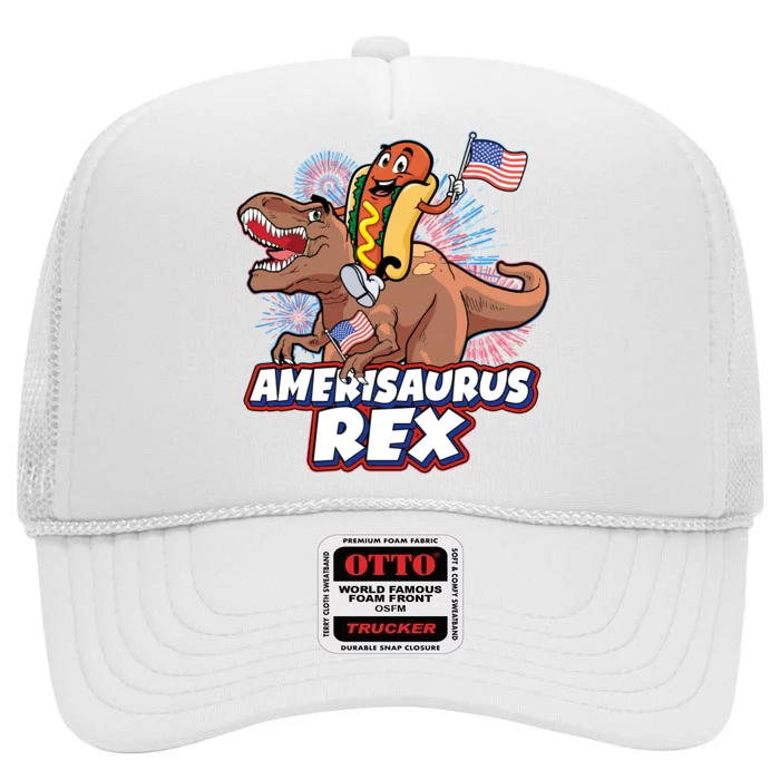 Funny Hotdog Riding Amerisaurus Rex Dinosaur High Crown Mesh Trucker Hat