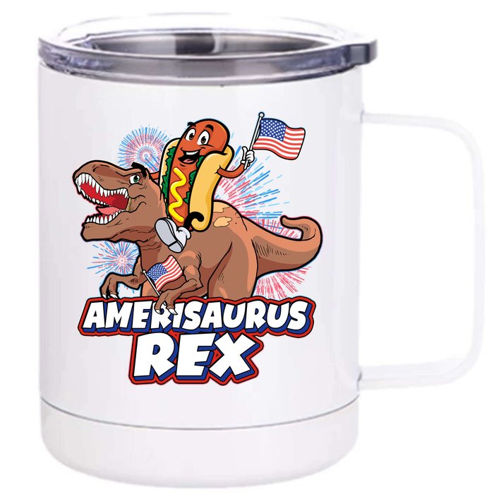 Funny Hotdog Riding Amerisaurus Rex Dinosaur Front & Back 12oz Stainless Steel Tumbler Cup