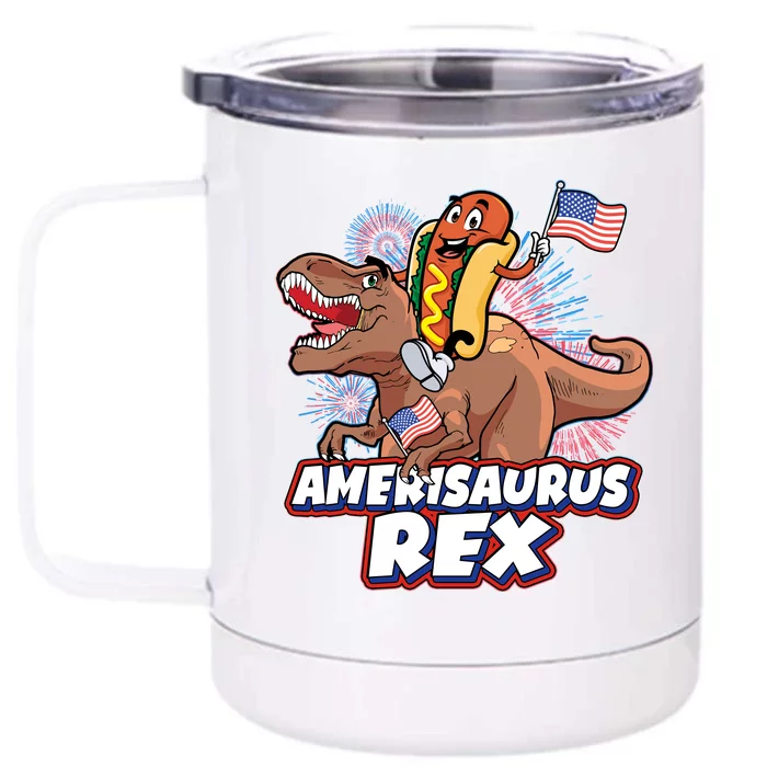 Funny Hotdog Riding Amerisaurus Rex Dinosaur Front & Back 12oz Stainless Steel Tumbler Cup